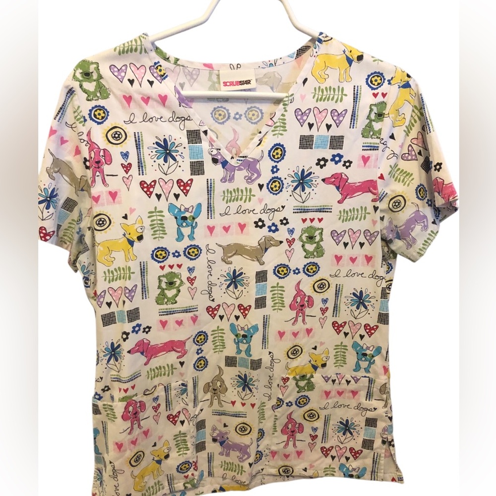 I Love Dogs Scrub Top By Scrubstar front pockets see measurements